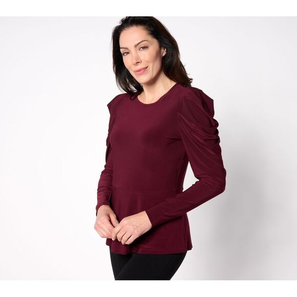 Dennis Basso Women's Top Sz S Italia Knit Peplum with Draped Dune Brown A628187 - Picture 1 of 4
